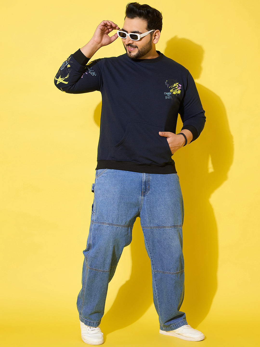 Men Plus Size Sketch-Navy Printed Sweatshirt