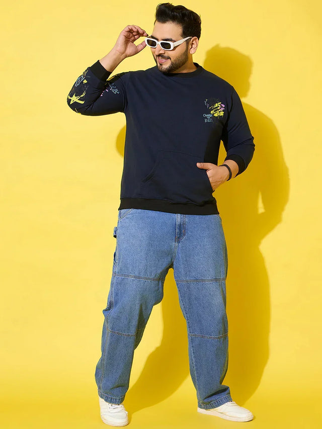 Men Plus Size Sketch-Navy Printed Sweatshirt