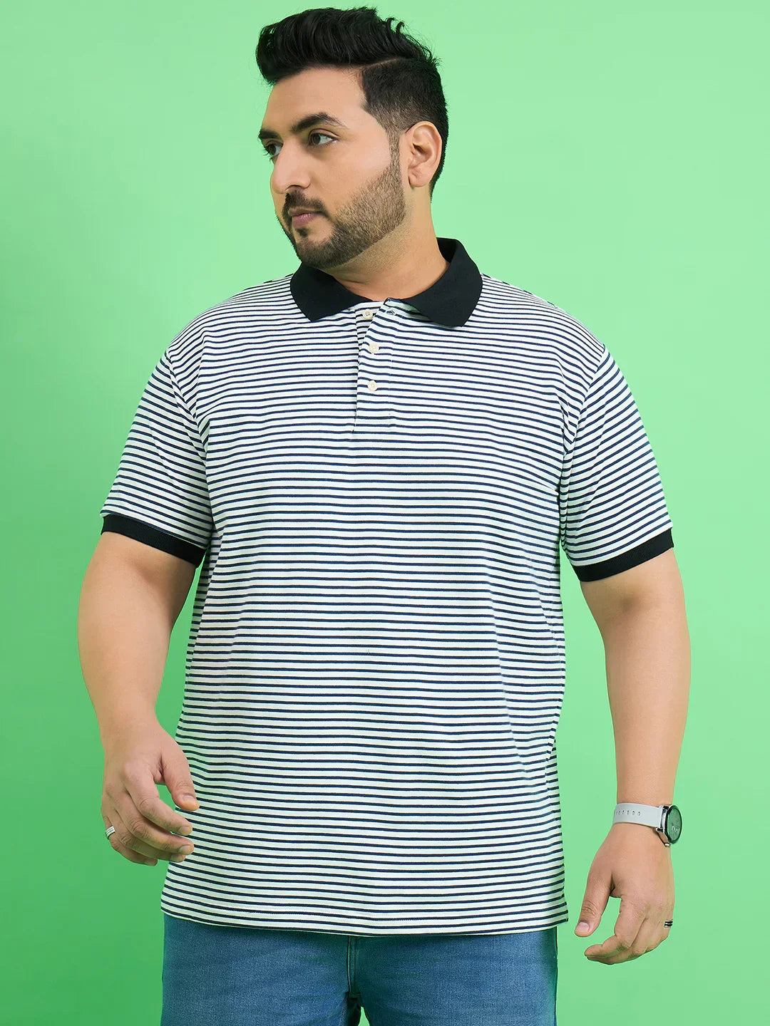Men Plus Size Skewer White Stripe Polo Tshirt - bigbanana