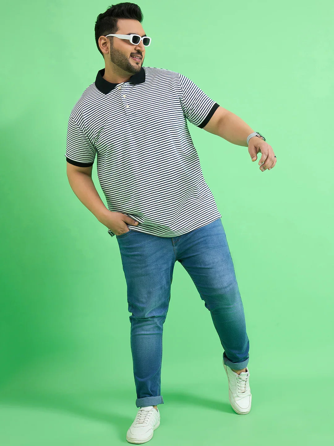 Men Plus Size Skewer White Stripe Polo Tshirt - bigbanana