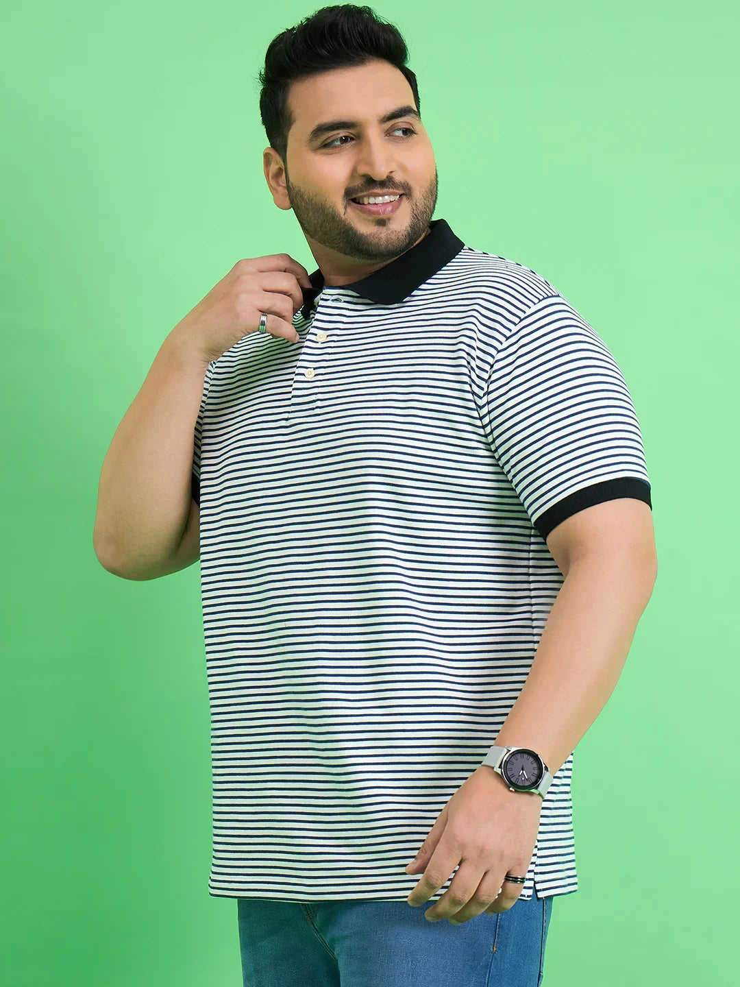 Men Plus Size Skewer White Stripe Polo Tshirt - bigbanana
