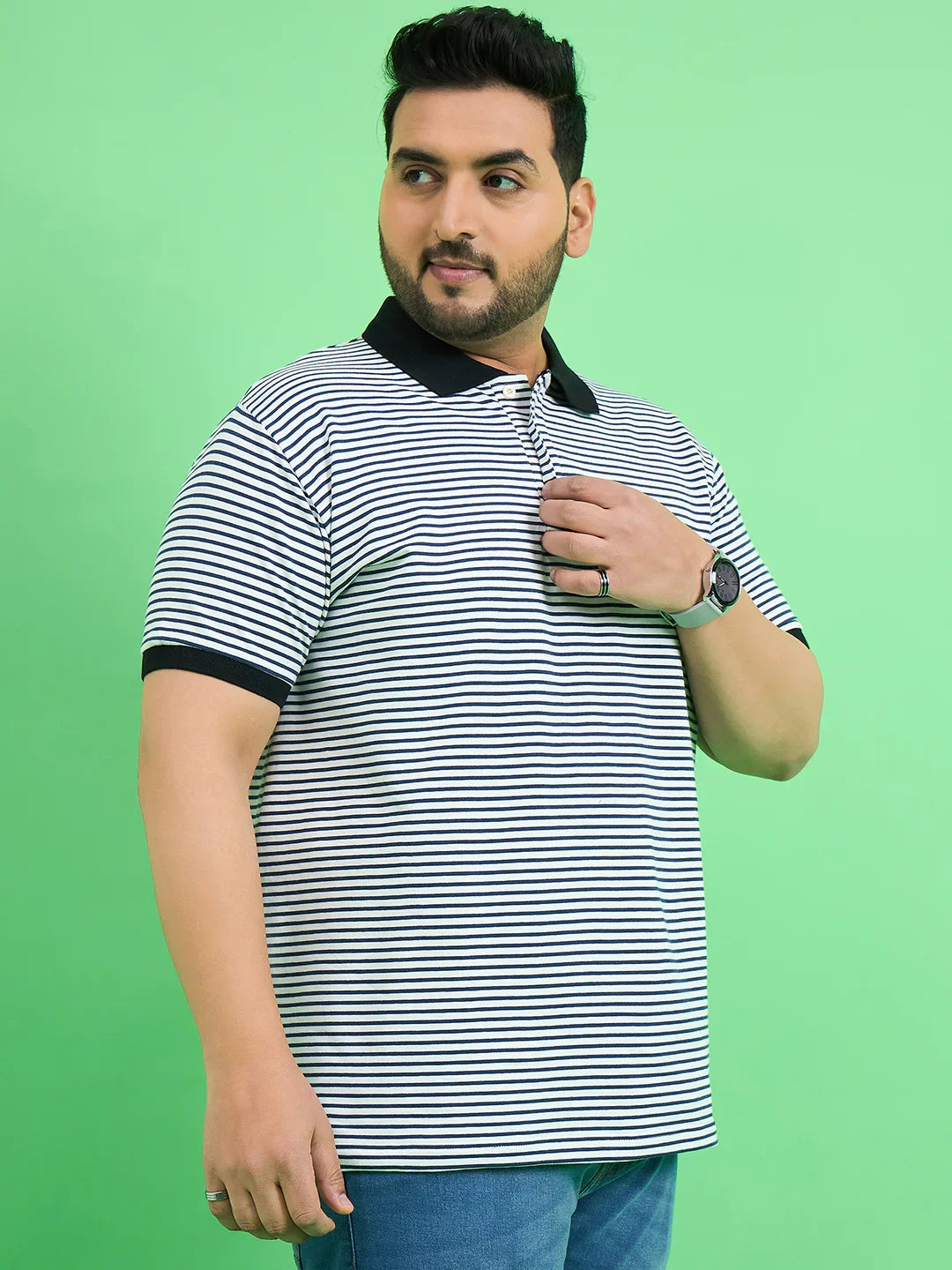 Men Plus Size Skewer White Stripe Polo Tshirt - bigbanana