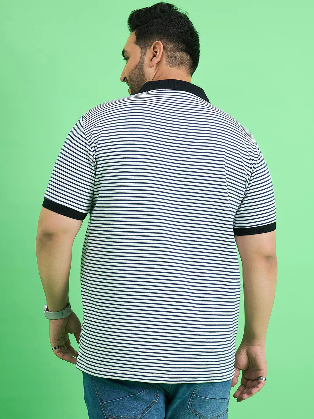 Men Plus Size Skewer White Stripe Polo Tshirt - bigbanana