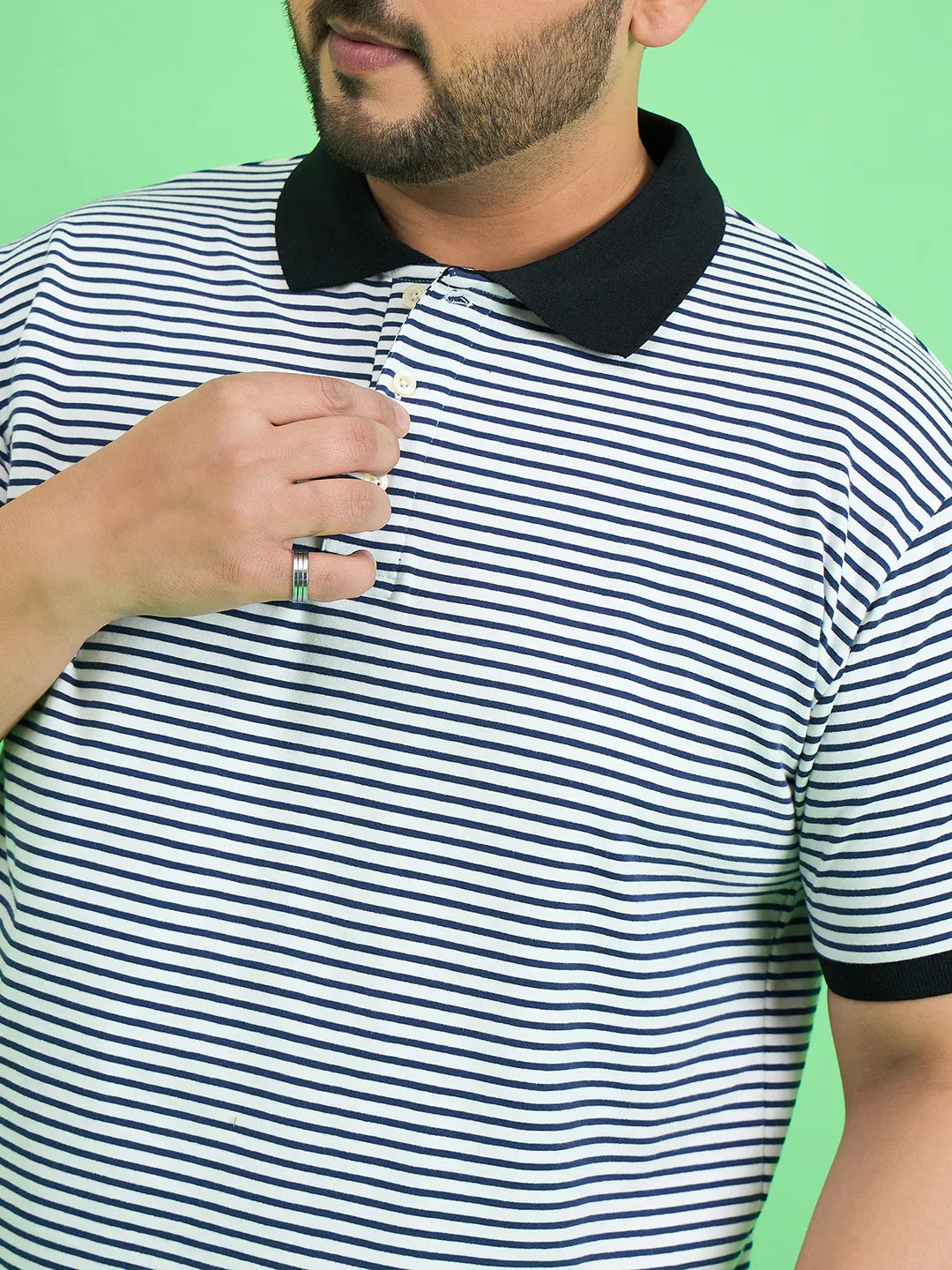 Men Plus Size Skewer White Stripe Polo Tshirt - bigbanana