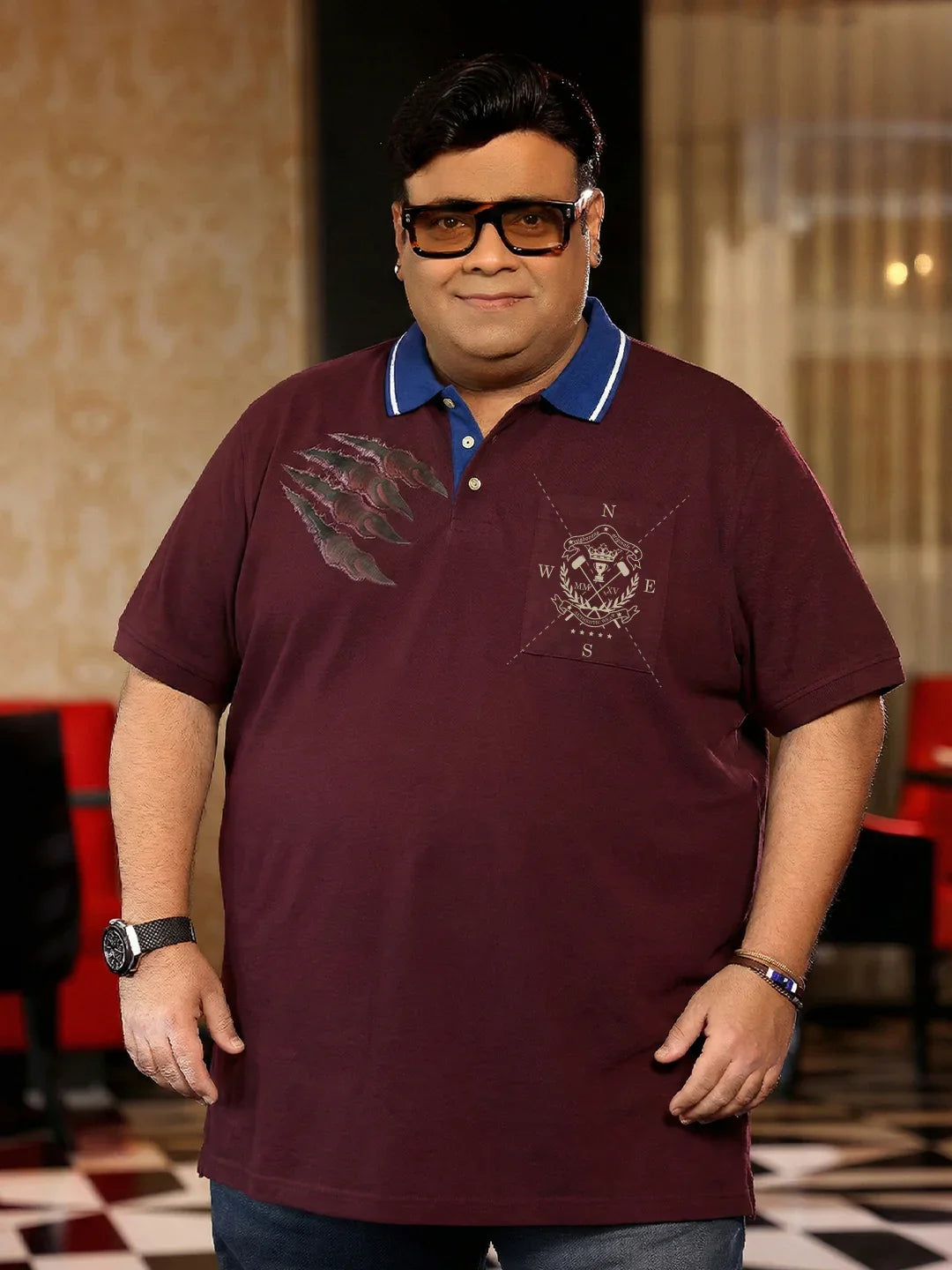 Men Plus Size Slash Maroon Printed Polo Tshirt