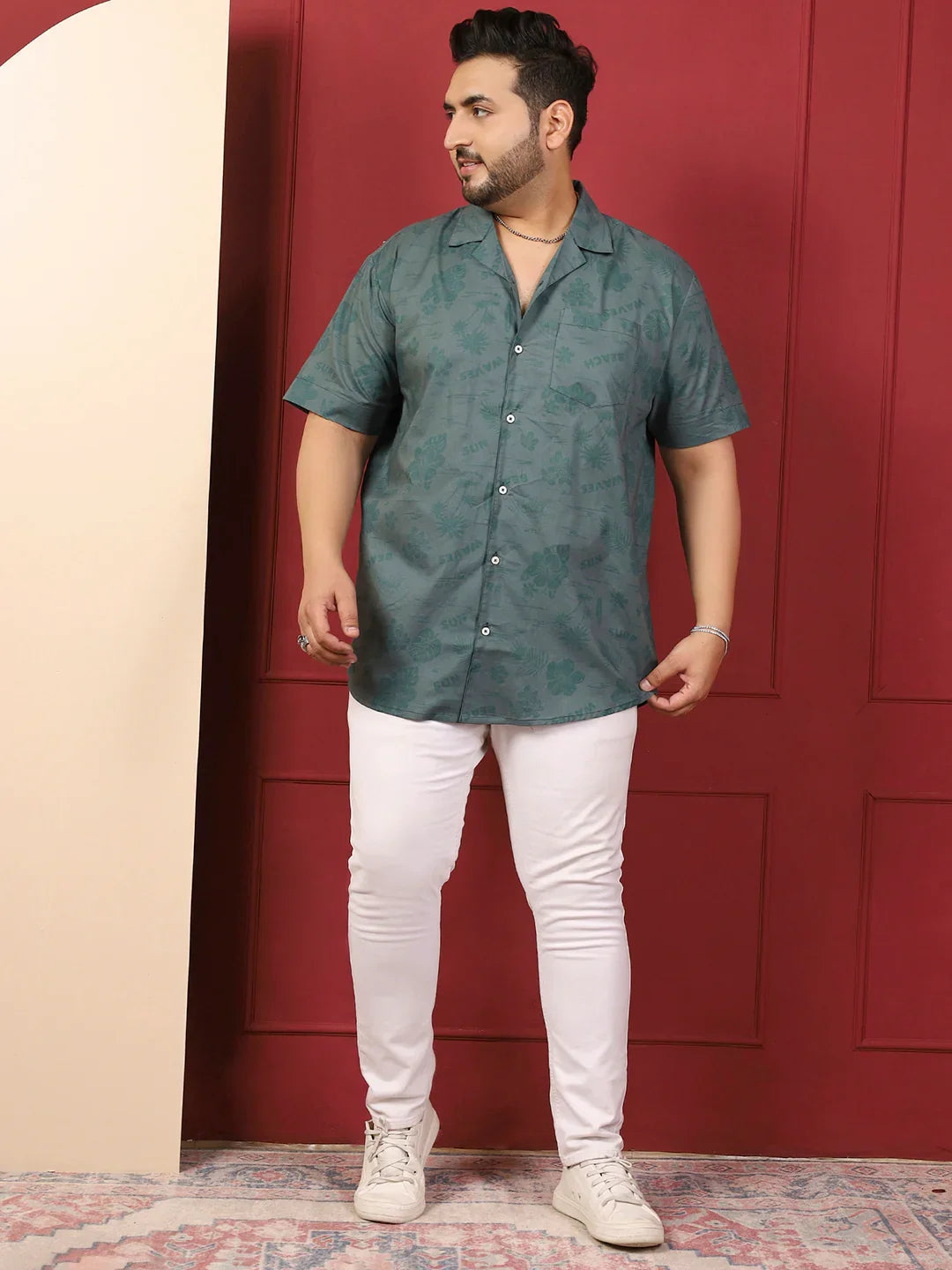 Men Plus Size Stevore Green Printed Shirt - bigbanana
