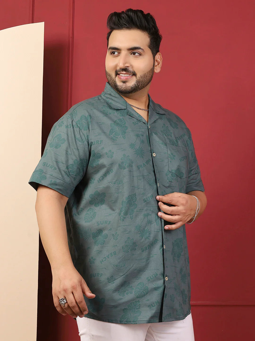 Men Plus Size Stevore Green Printed Shirt - bigbanana