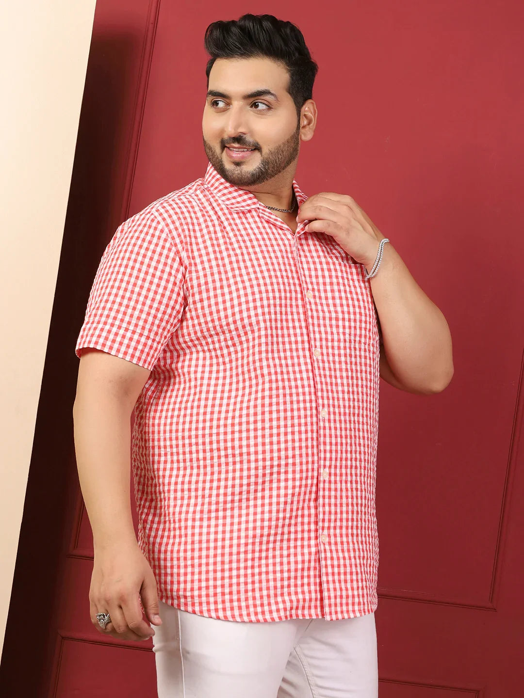 Men Plus Size Strivio Pink Check Shirt - bigbanana