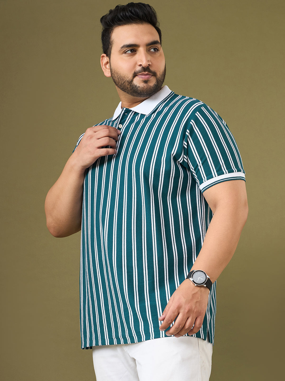 Men Plus Size Sublime Teal Striped Polo Tshirt