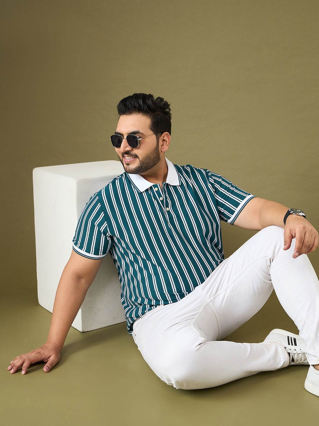 Men Plus Size Sublime Teal Striped Polo Tshirt