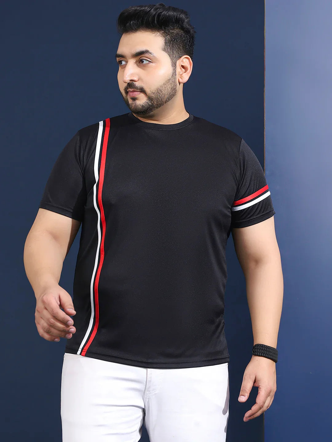 Men Plus Size Thalora-Black Striped Black Round Neck Tshirt - bigbanana