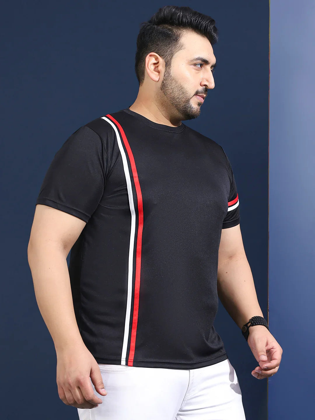 Men Plus Size Thalora-Black Striped Black Round Neck Tshirt - bigbanana