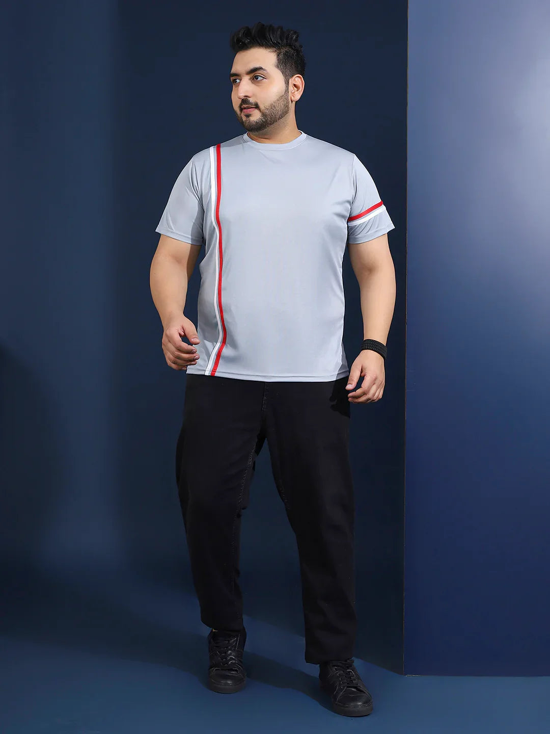 Men Plus Size Thalora-Grey Striped Grey Round Neck Tshirt - bigbanana