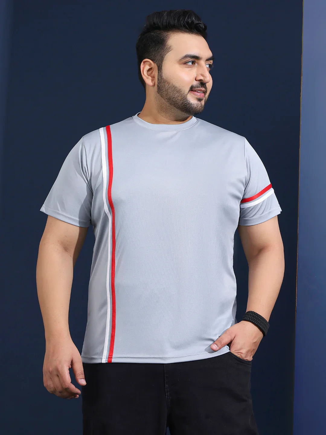 Men Plus Size Thalora-Grey Striped Grey Round Neck Tshirt - bigbanana