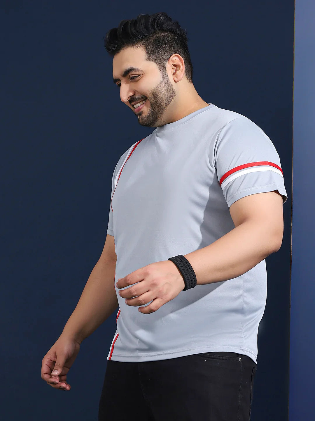 Men Plus Size Thalora-Grey Striped Grey Round Neck Tshirt - bigbanana