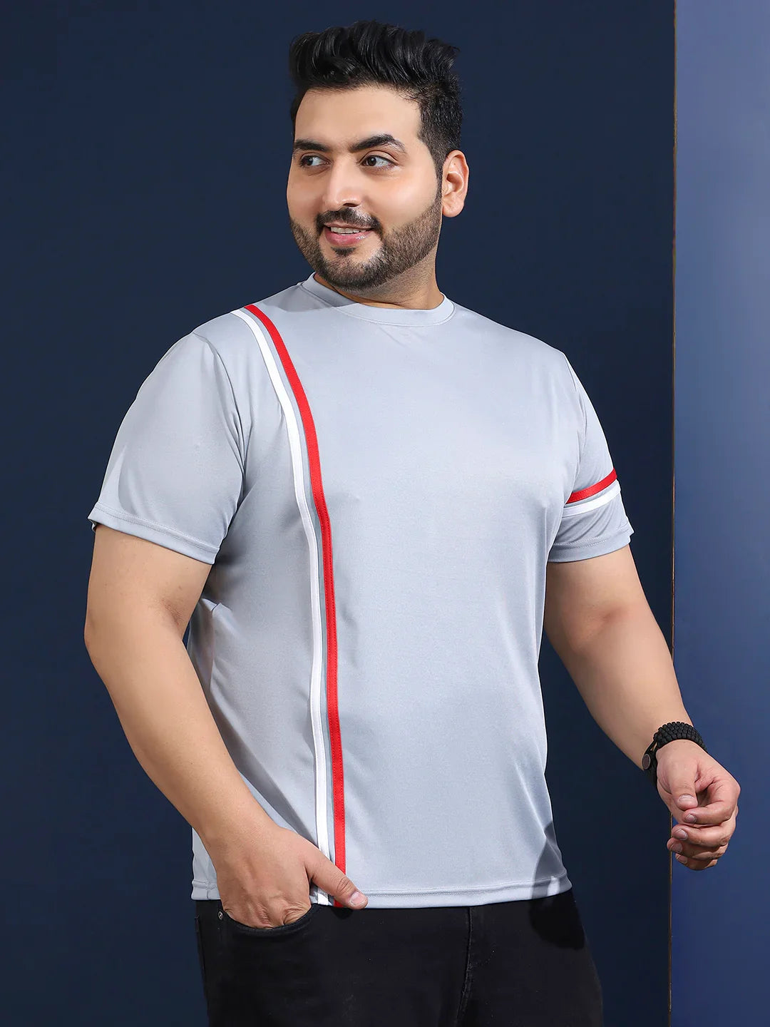 Men Plus Size Thalora-Grey Striped Grey Round Neck Tshirt - bigbanana