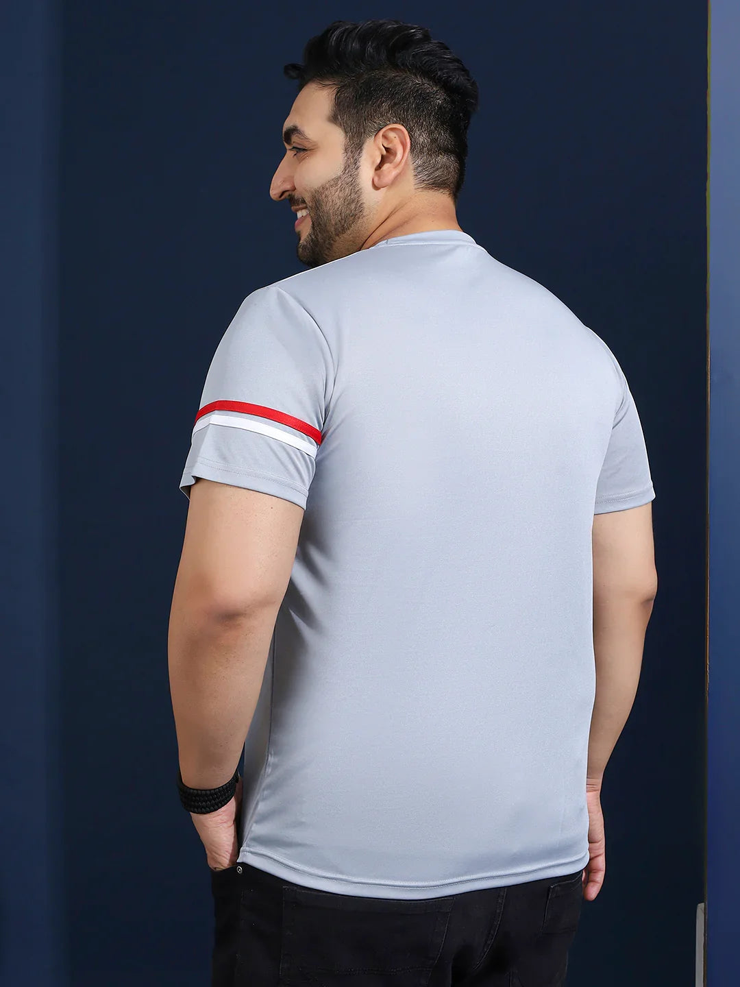 Men Plus Size Thalora-Grey Striped Grey Round Neck Tshirt - bigbanana