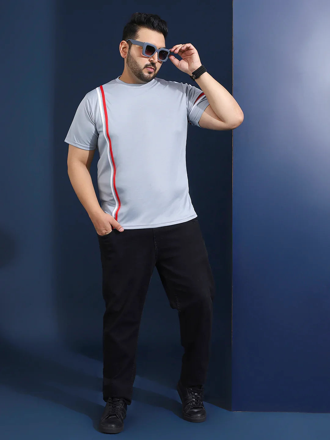 Men Plus Size Thalora-Grey Striped Grey Round Neck Tshirt - bigbanana