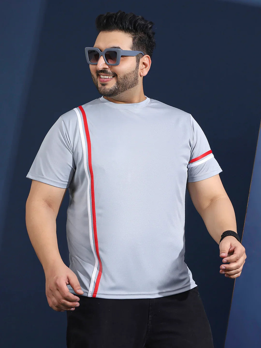 Men Plus Size Thalora-Grey Striped Grey Round Neck Tshirt - bigbanana