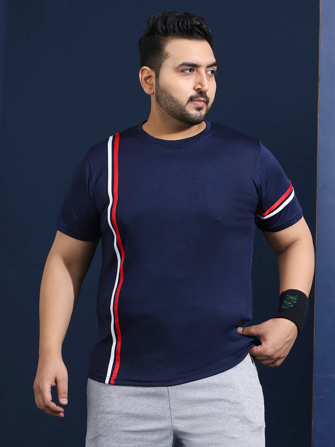 Men Plus Size Thalora-Navy Striped Navy Round Neck Tshirt - bigbanana