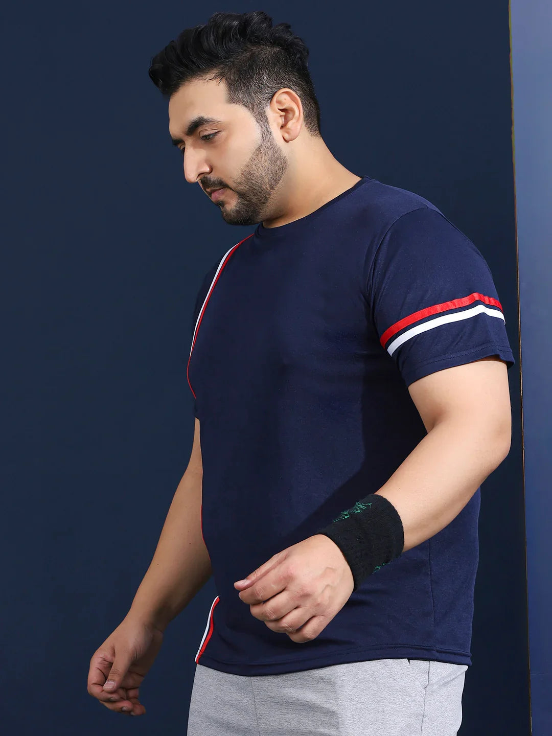 Men Plus Size Thalora-Navy Striped Navy Round Neck Tshirt - bigbanana