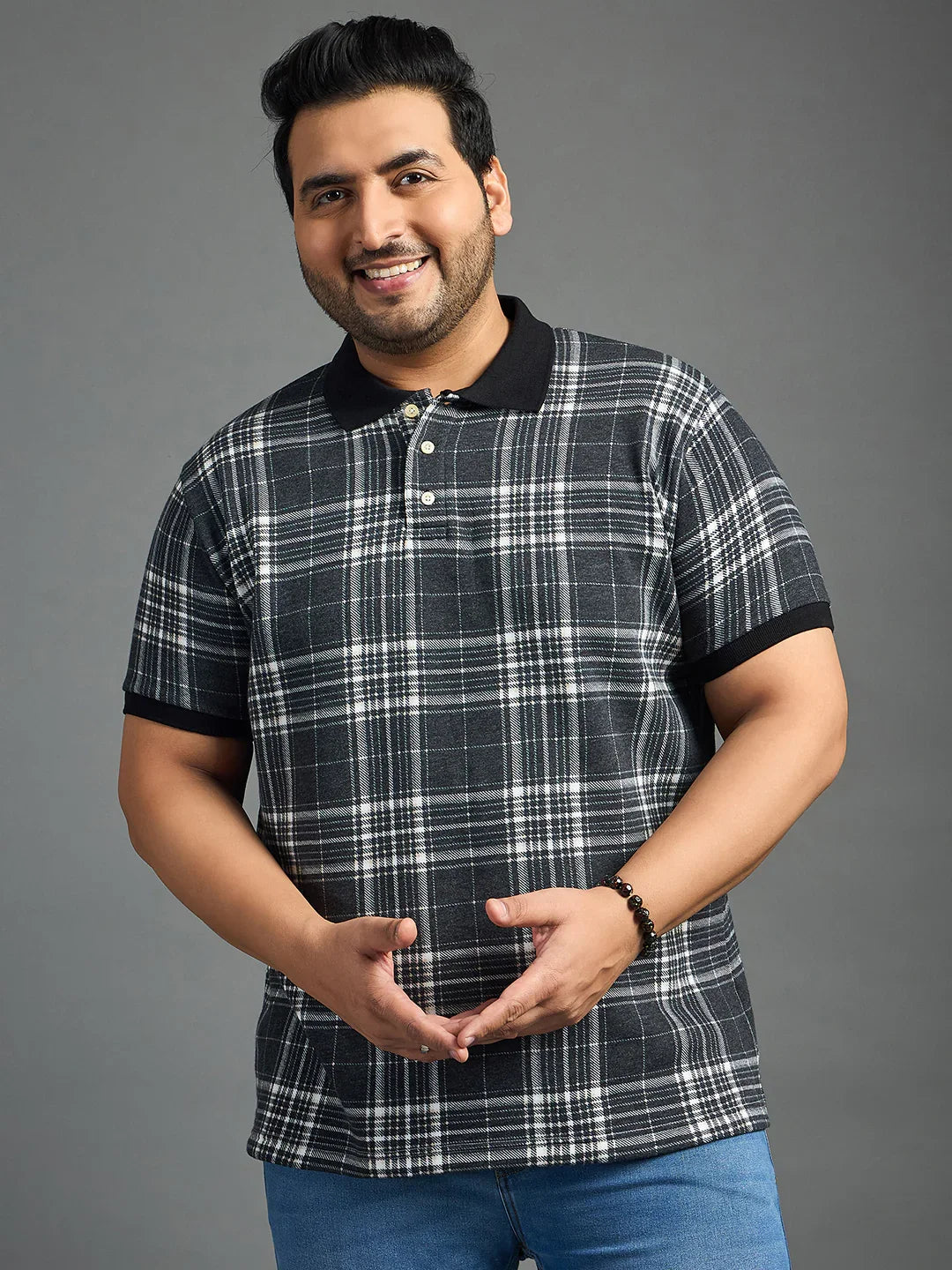 Men Plus Size Thread-Black Check Polo Tshirt - bigbanana