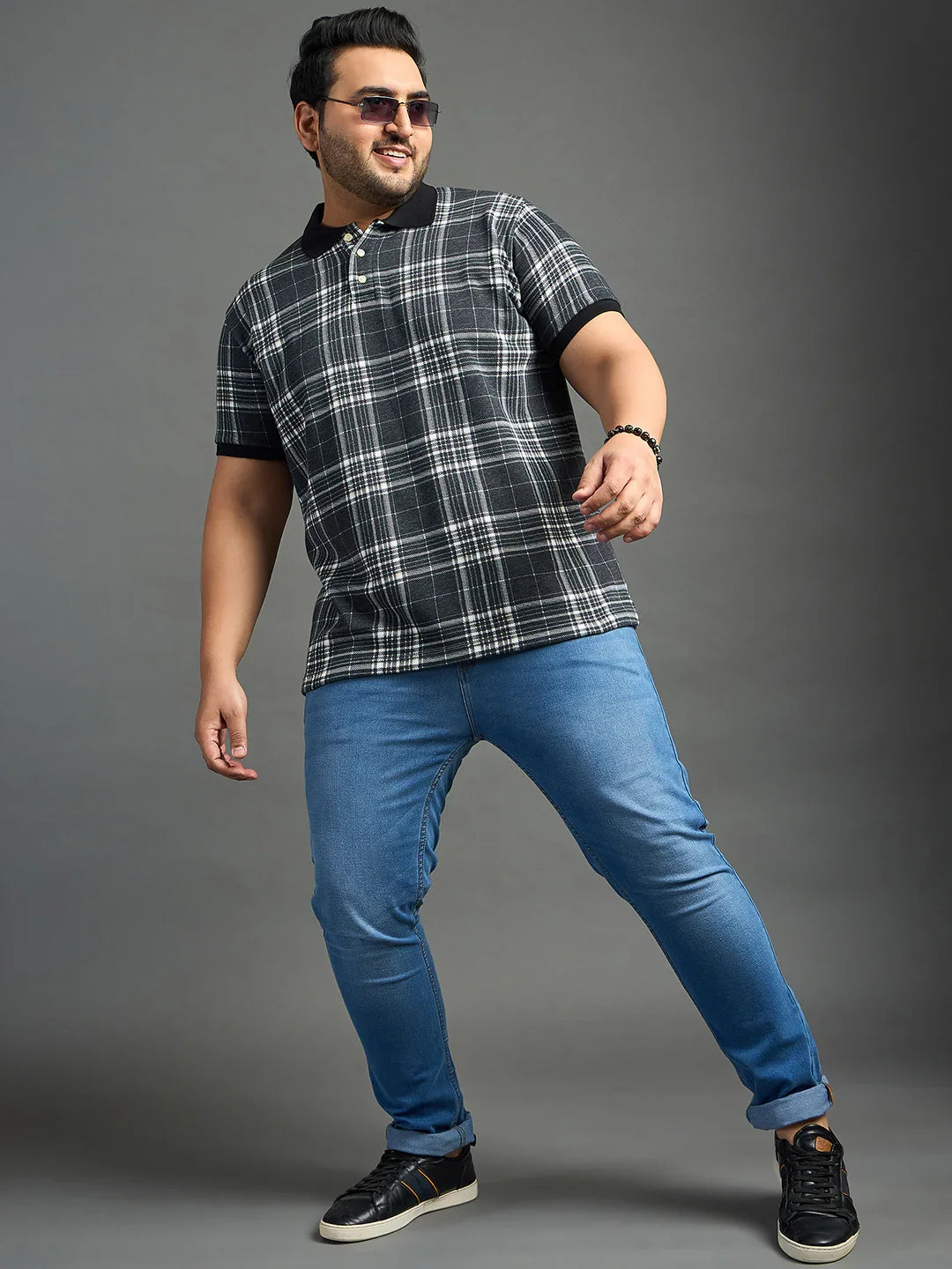 Men Plus Size Thread-Black Check Polo Tshirt - bigbanana