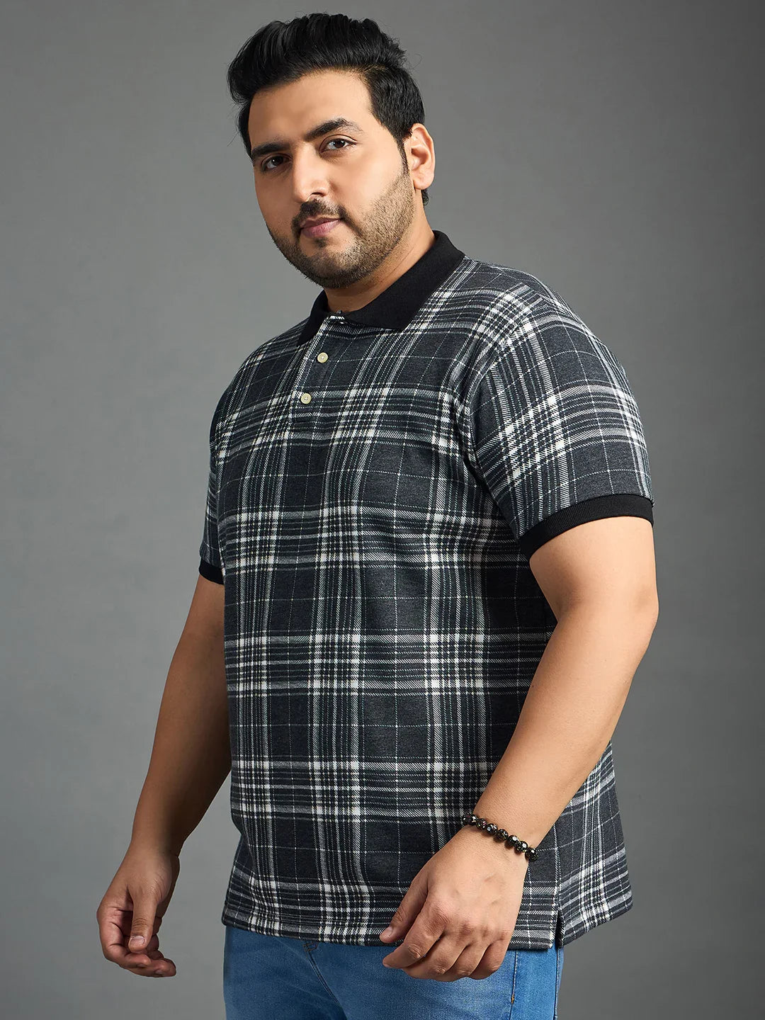 Men Plus Size Thread-Black Check Polo Tshirt - bigbanana