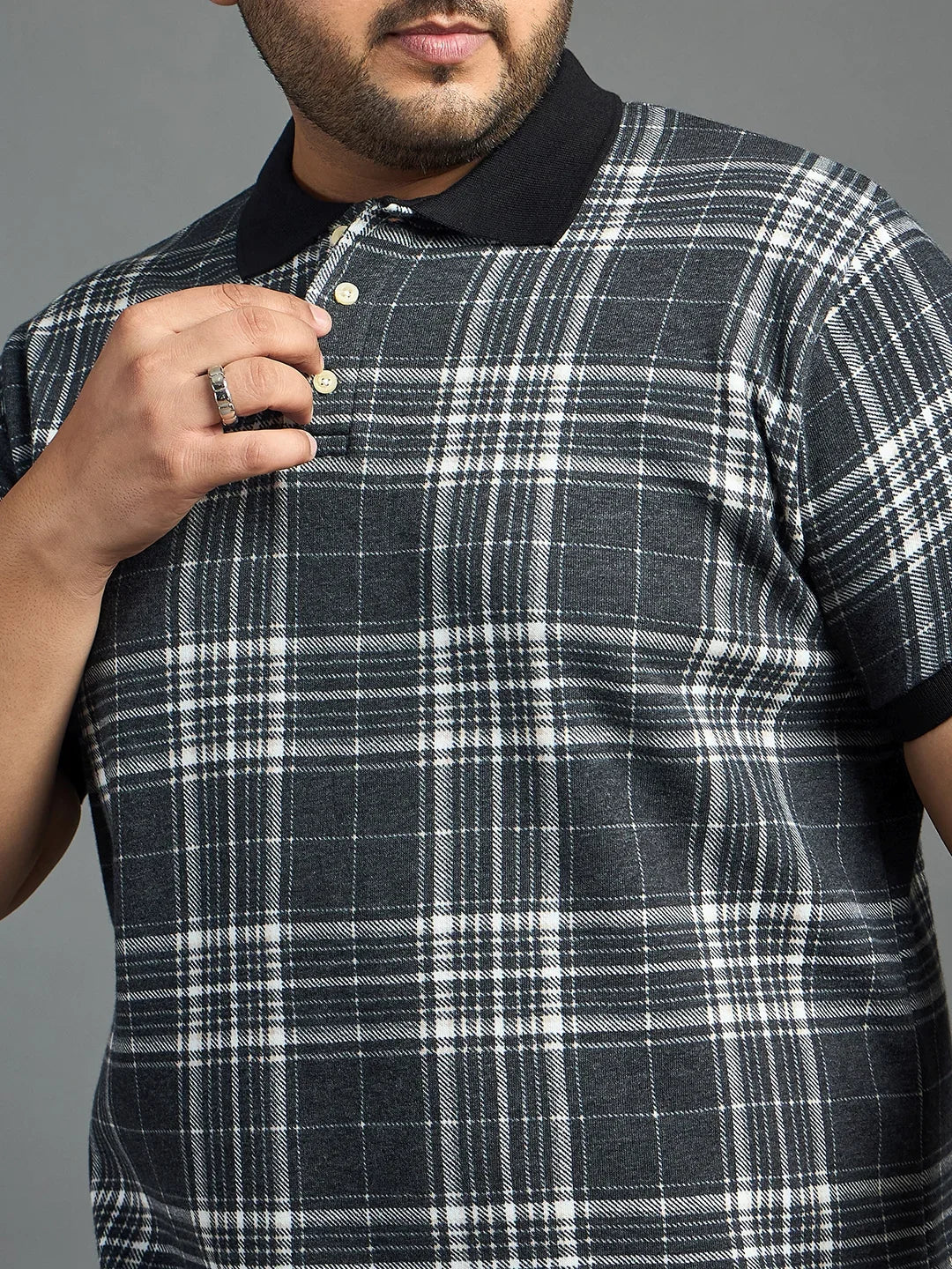 Men Plus Size Thread-Black Check Polo Tshirt - bigbanana
