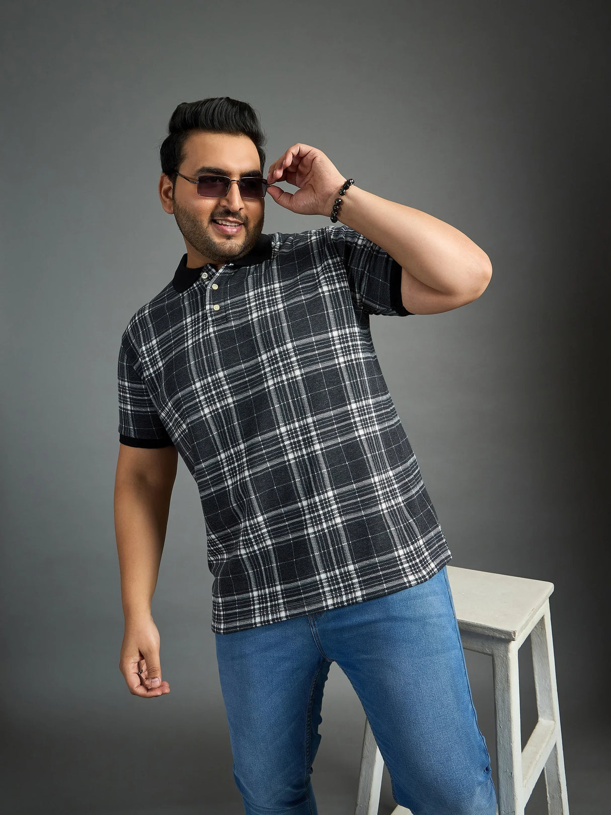 Men Plus Size Thread-Black Check Polo Tshirt - bigbanana