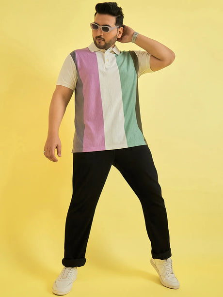 Men Plus Size Tonsorial Multicolor Colorblock Polo T-shirt - bigbanana