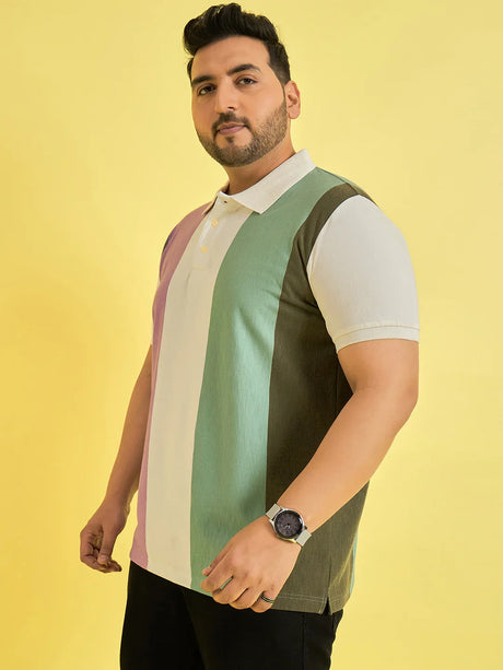 Men Plus Size Tonsorial Multicolor Colorblock Polo T-shirt - bigbanana