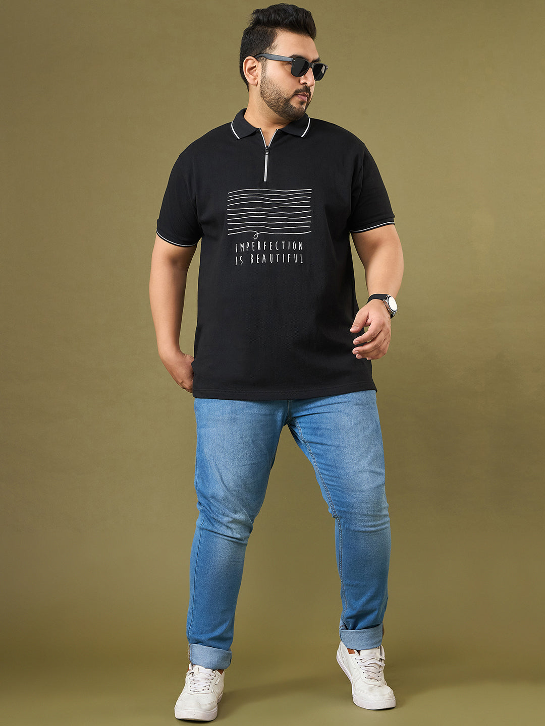 Men Plus Size Trace Black Printed Polo Tshirt