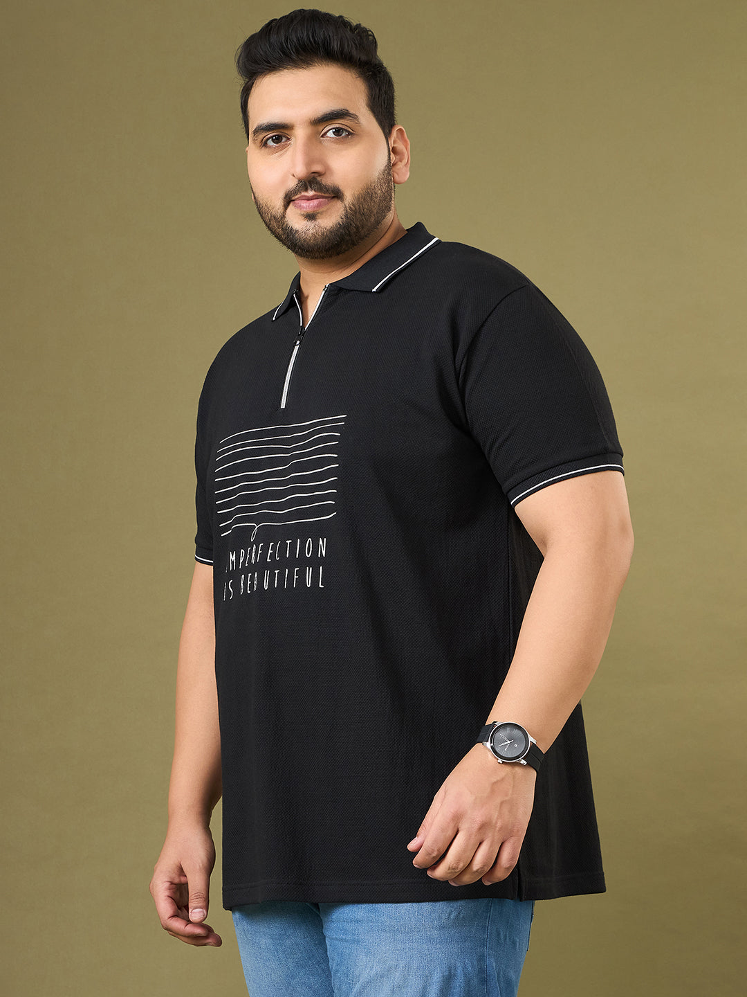 Men Plus Size Trace Black Printed Polo Tshirt