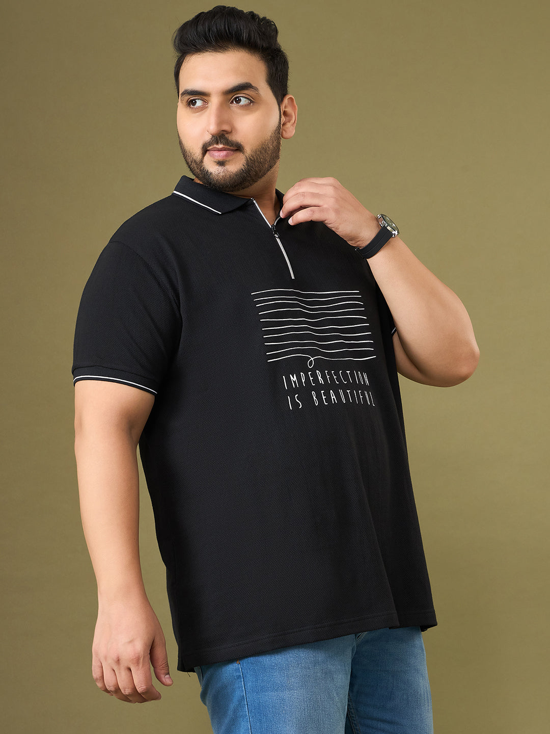 Men Plus Size Trace Black Printed Polo Tshirt