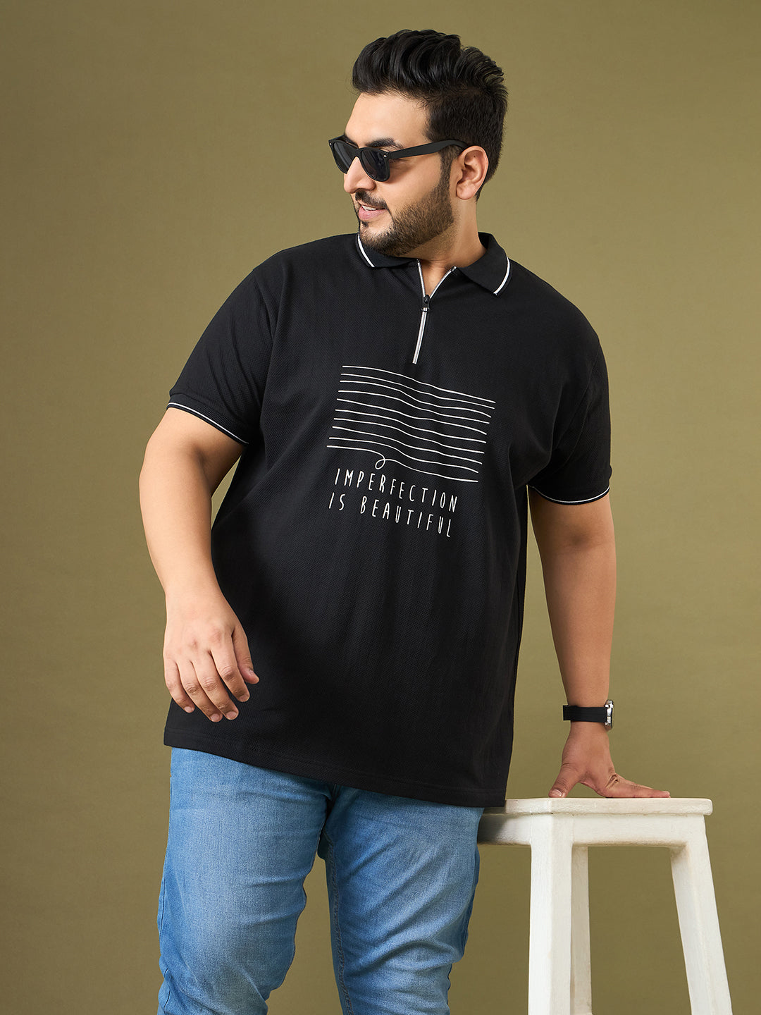 Men Plus Size Trace Black Printed Polo Tshirt