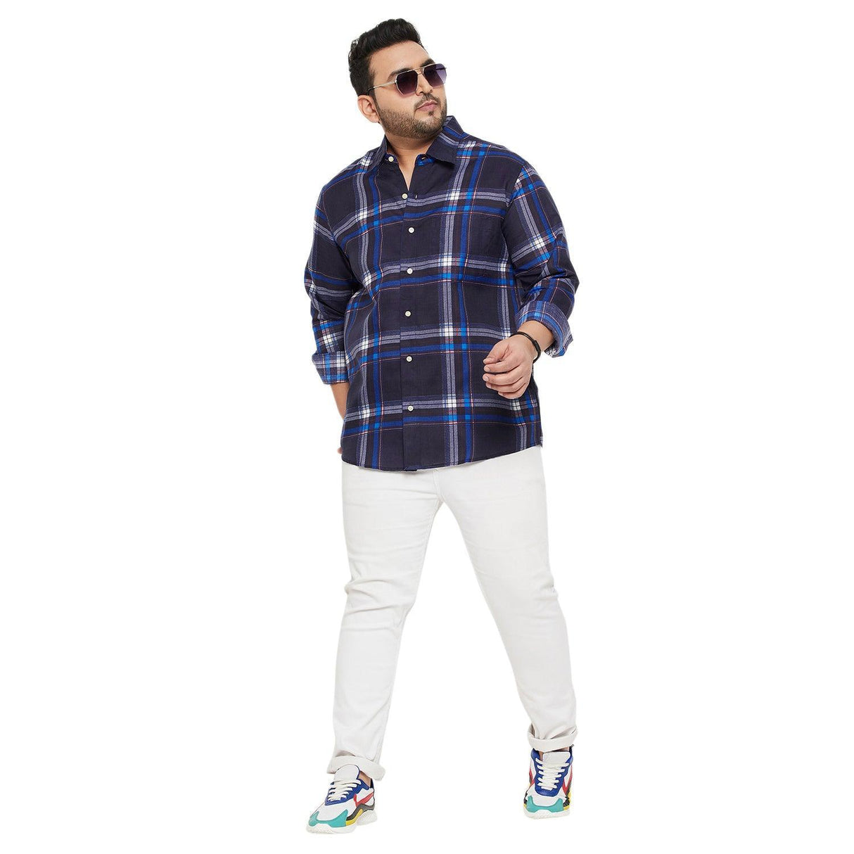 Men Plus Size Treat-Blue Check Shirt - bigbanana