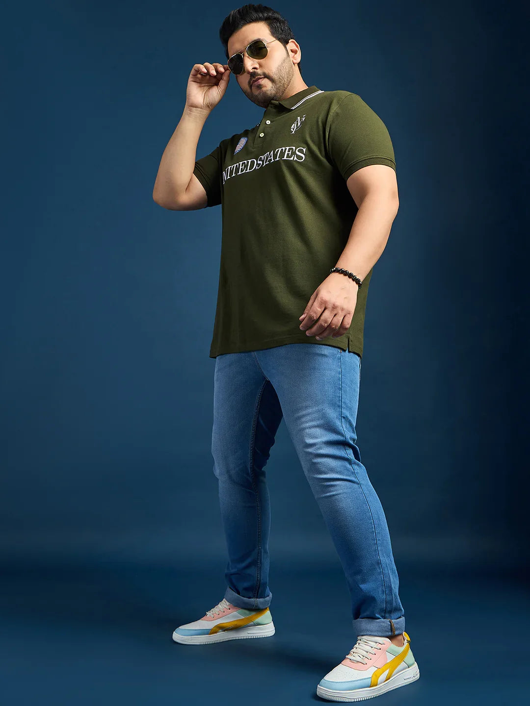 Men Plus Size United States-Olive Printed Polo Tshirt - bigbanana