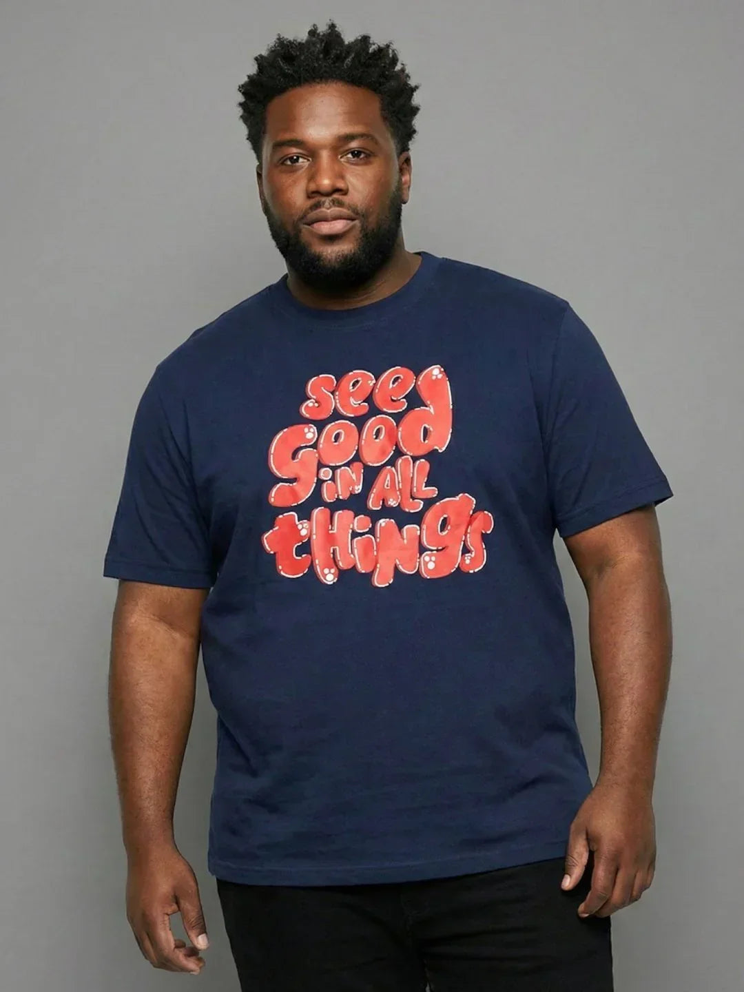 Men Plus Size Upbeat Navy-Blue Printed Round Neck Tshirt