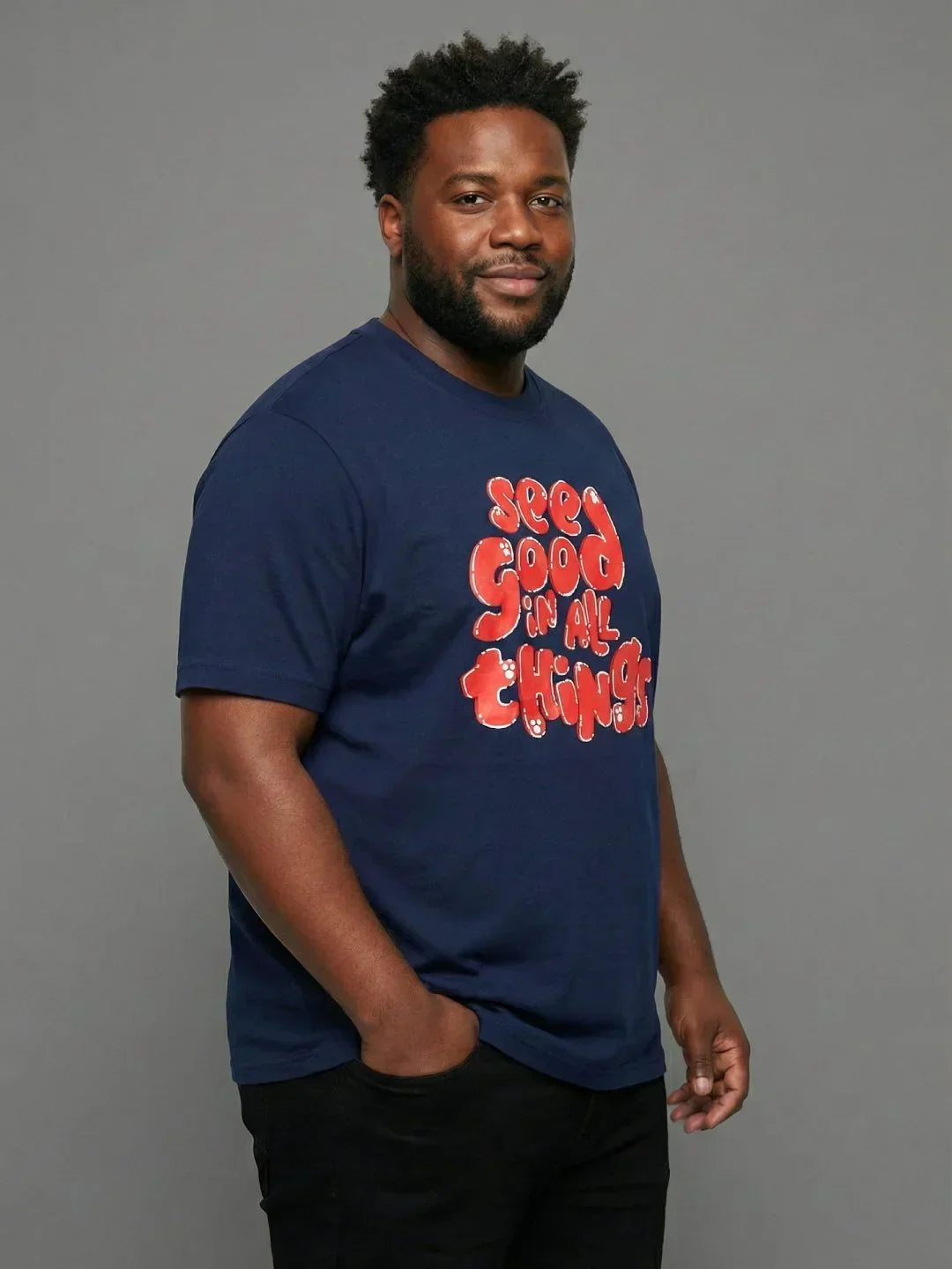 Men Plus Size Upbeat Navy-Blue Printed Round Neck Tshirt