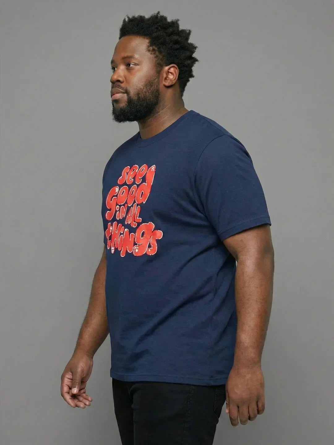 Men Plus Size Upbeat Navy-Blue Printed Round Neck Tshirt
