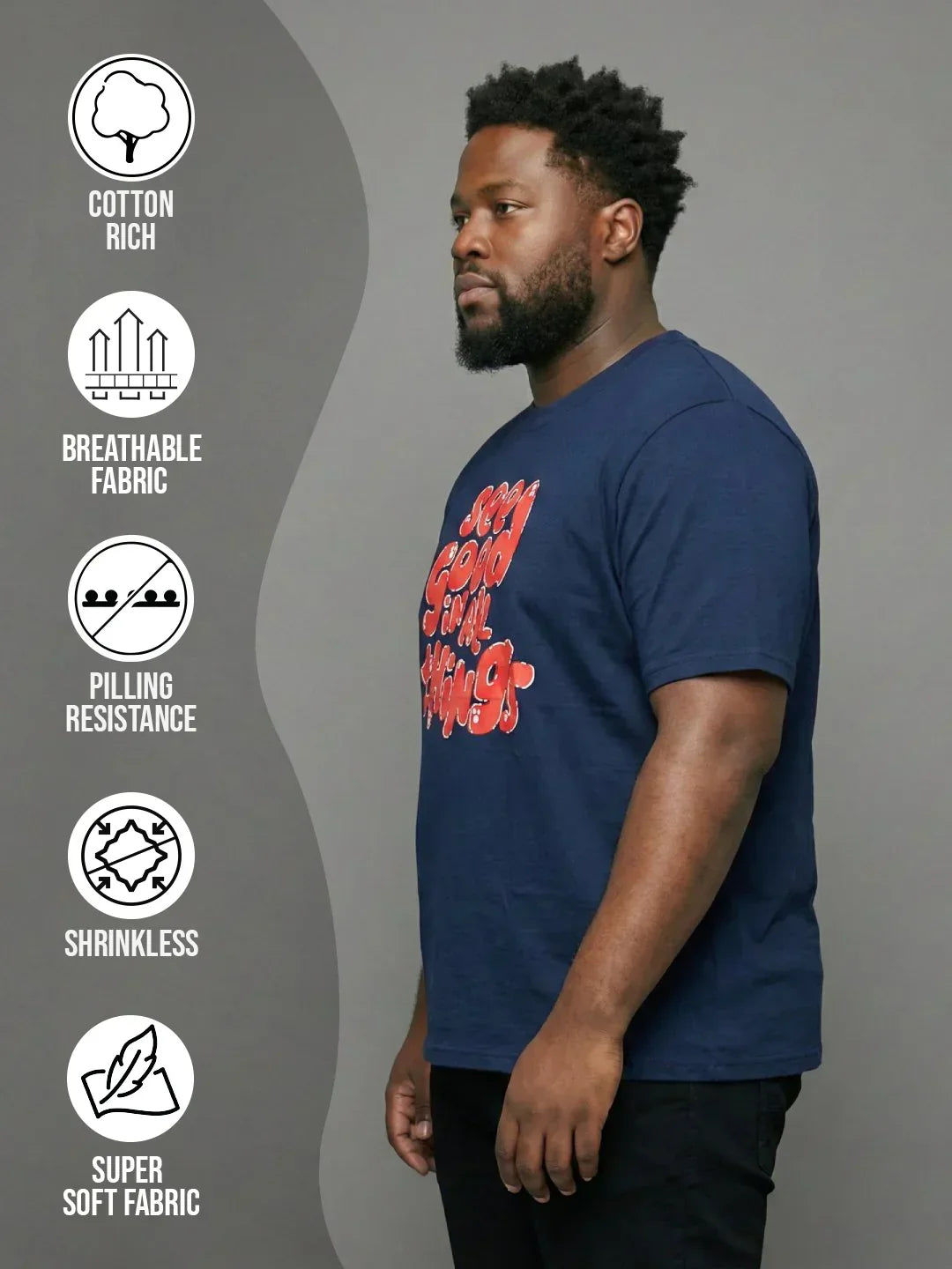 Men Plus Size Upbeat Navy-Blue Printed Round Neck Tshirt
