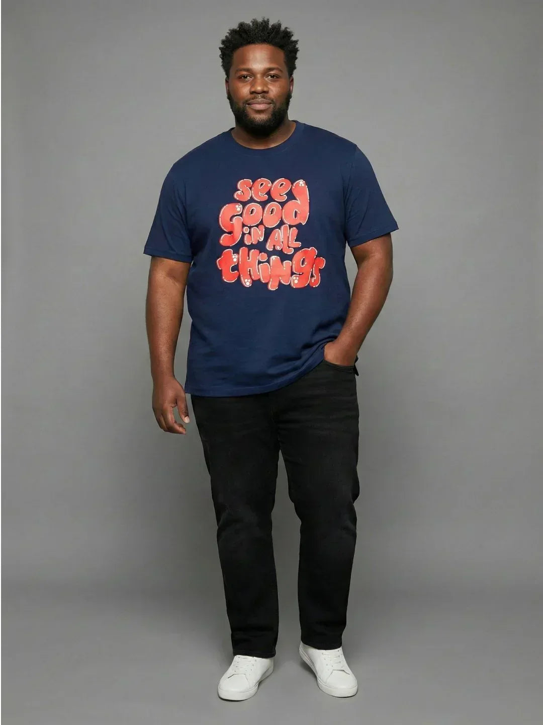 Men Plus Size Upbeat Navy-Blue Printed Round Neck Tshirt