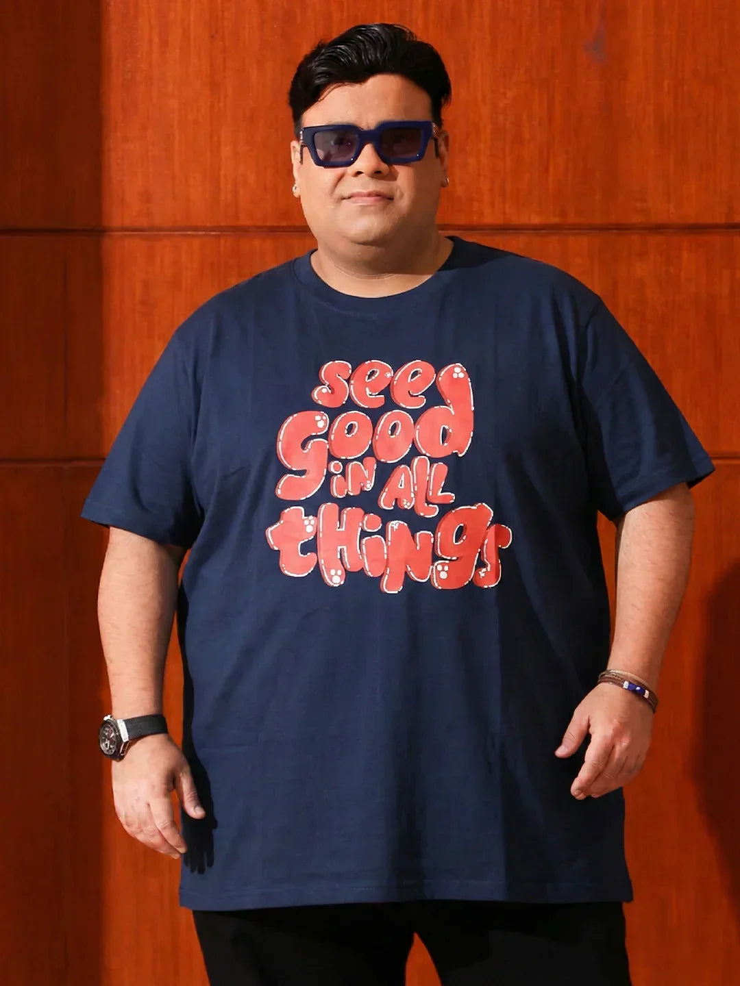 Men Plus Size Upbeat Navy-Blue Printed Round Neck Tshirt