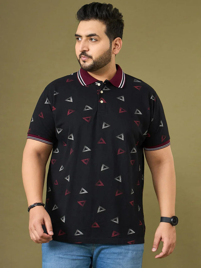Men Plus Size Vertex Black Printed Polo Tshirt