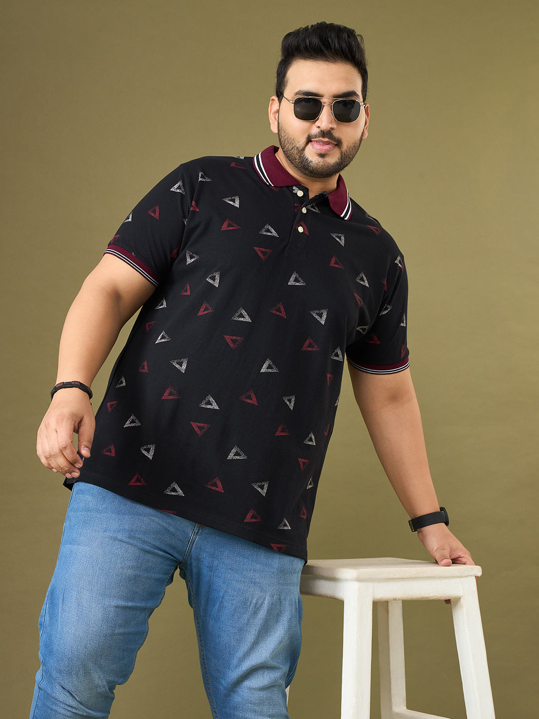 Men Plus Size Vertex Black Printed Polo Tshirt