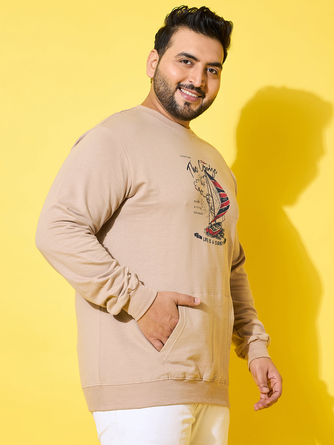 Men Plus Size Voyage Beige Printed Sweatshirt