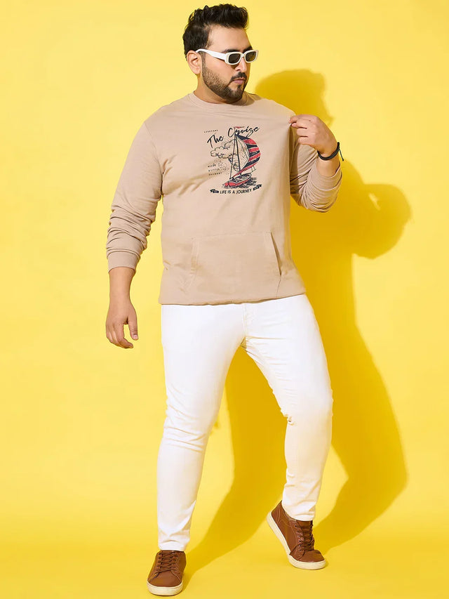 Men Plus Size Voyage Beige Printed Sweatshirt