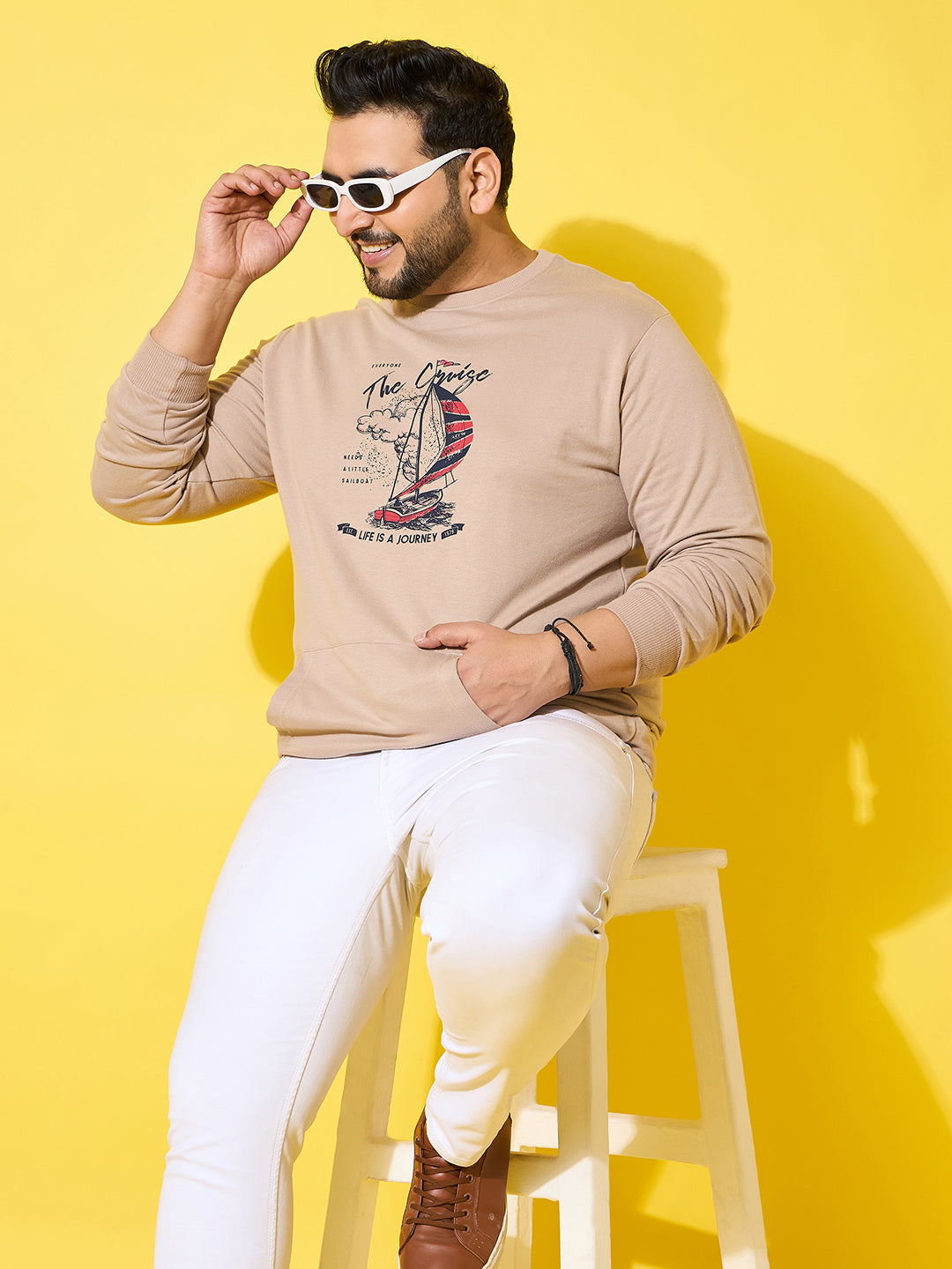 Men Plus Size Voyage Beige Printed Sweatshirt