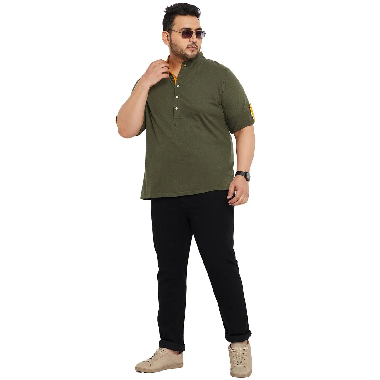 Men Plus Size Warren-Olive Solid Henley Tshirt - bigbanana